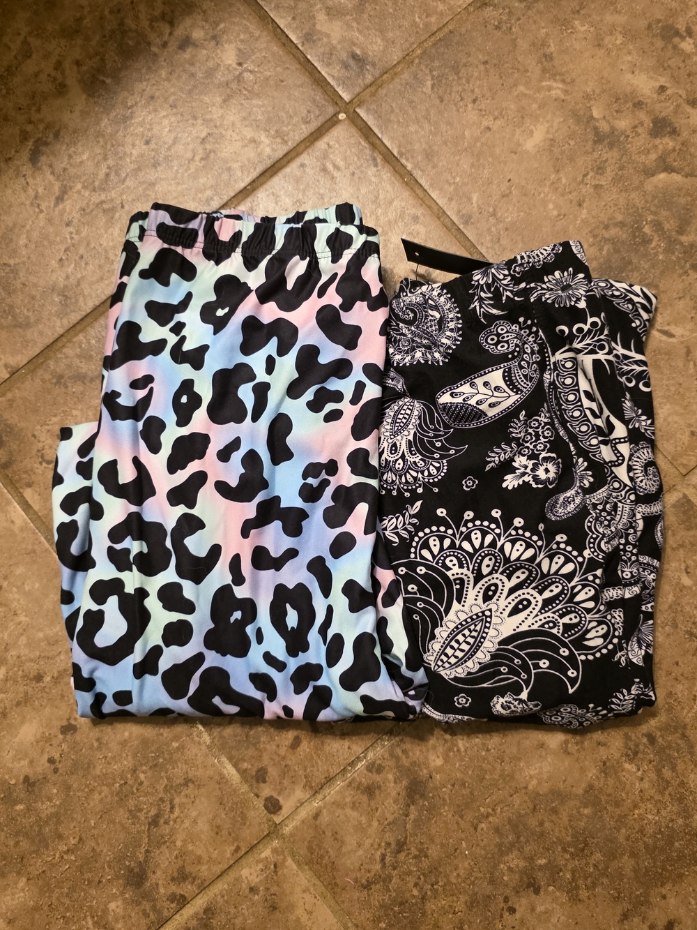 Pastel Leopard Print Leggings + Black Paisley Leggings